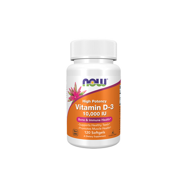 A white bottle of Now Foods Vitamin D3 10000 IU 120 Softgels - High Potency, a dietary supplement for bone health and immune function.